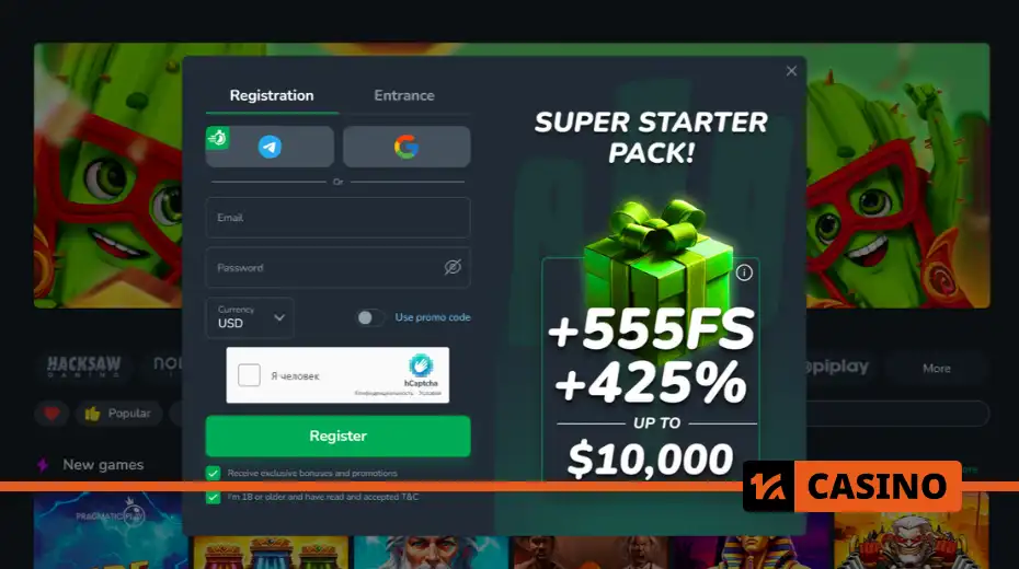 Registration at Cactus casino via email, Telegram, or Google with the option to activate a bonus using a promo code