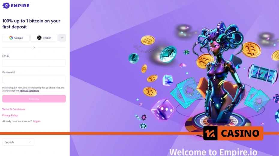Registration at Empire via email or social media with access to deposit features and a welcome bonus up to 1 BTC