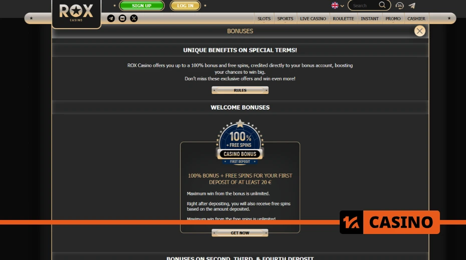 Rox casino welcome bonuses include 100 percent on the first deposit free spins on deposits and additional promotions for the second third and fourth deposits