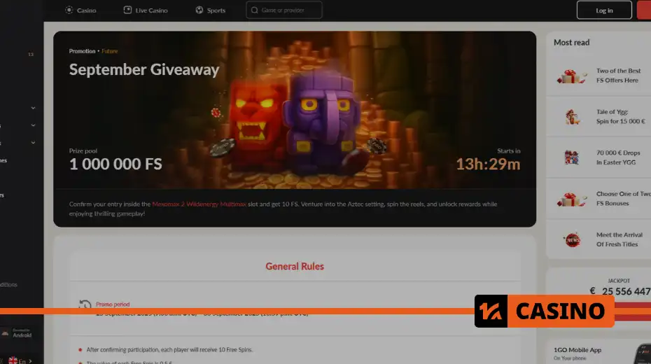 September Giveaway at 1Go casino how to get free spins September Giveaway at 1Go casino how to get free spins