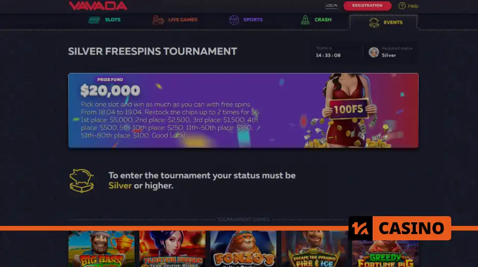 Silver tournament for free spins at Vavada casino with $20,000 prize pool and payouts to the top 80 places