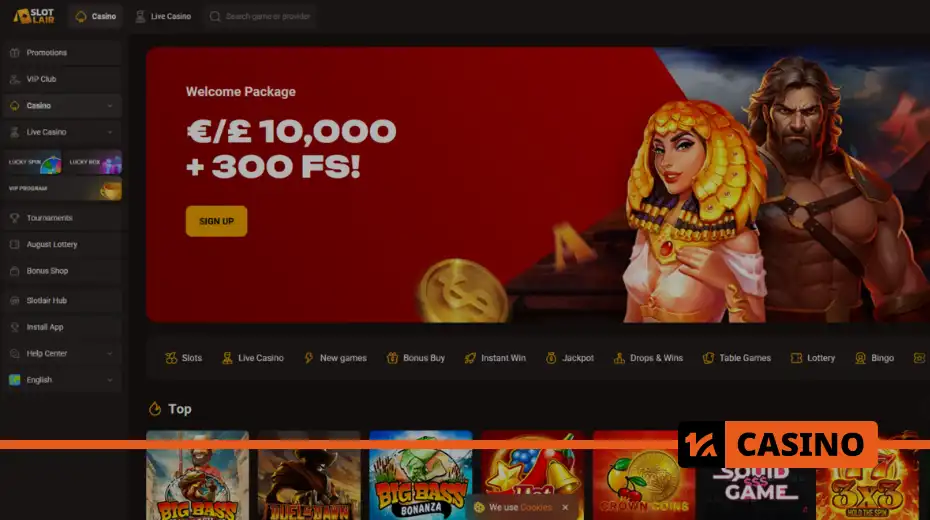 SlotLair casino homepage with menu, games, and bonuses