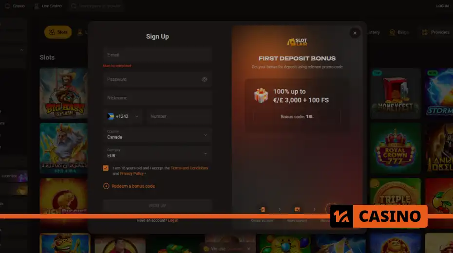 Registration of a new account at SlotLair casino with currency and country selection
