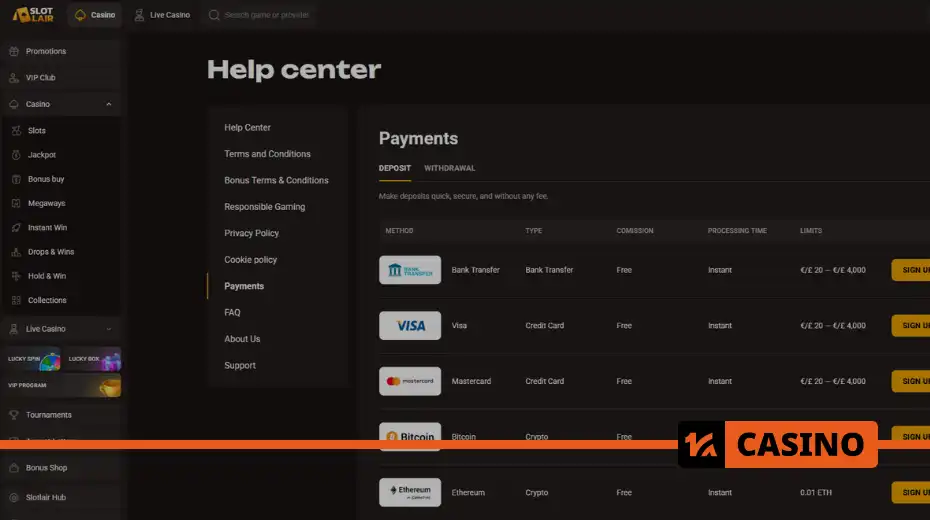 Deposit and withdrawal methods at SlotLair casino, including cards and cryptocurrency
