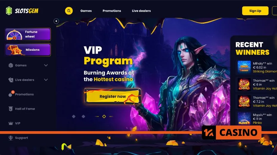 SlotsGem website featuring intuitive navigation, gaming categories, and bonus offers