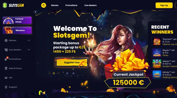 SlotsGem with a wide selection of casino games, secure payments, and special promotions