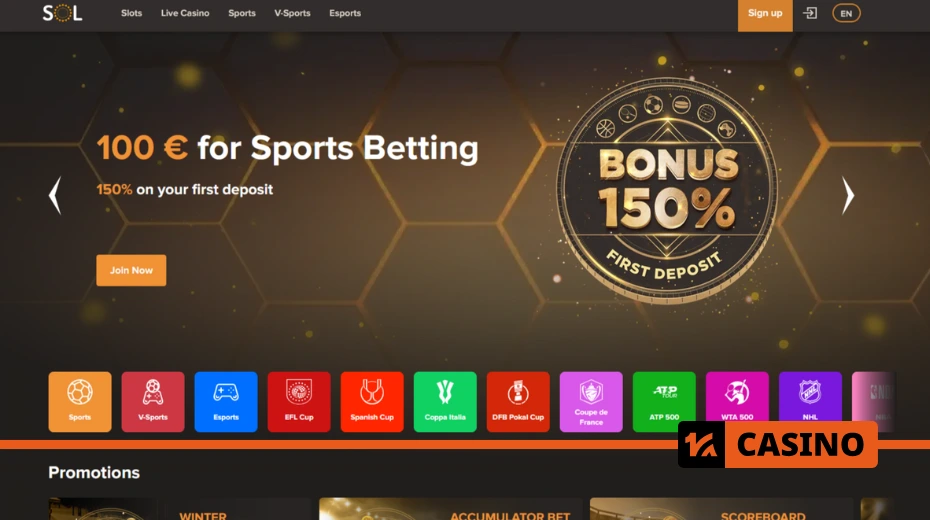 Sol Casino sports betting section with live and pre-match options