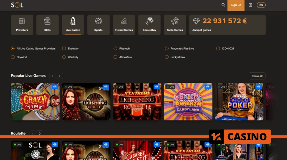 Sol Casino live games with real dealers and various table games