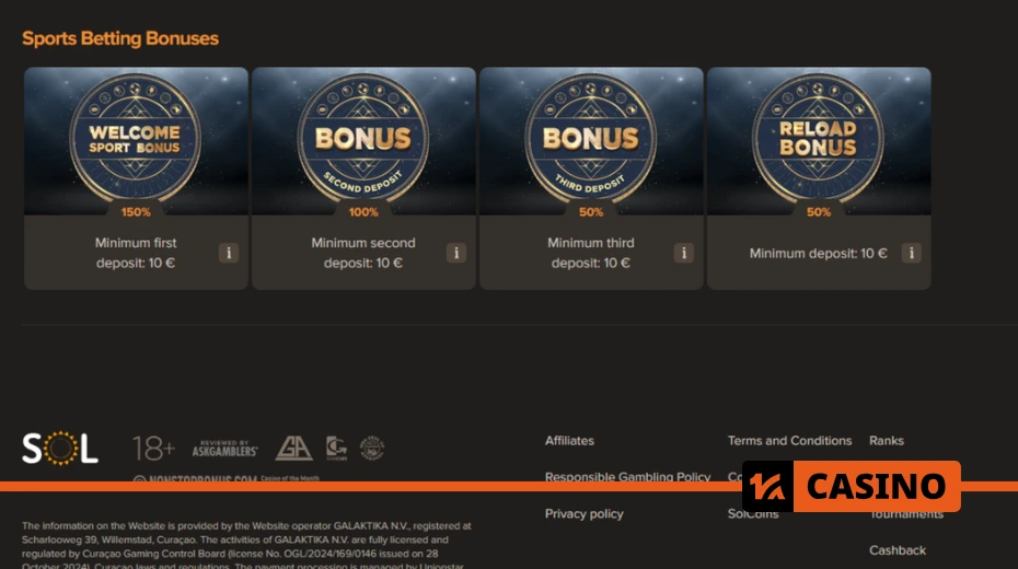 Sol casino promo code for sports betting with a bonus up to €100
