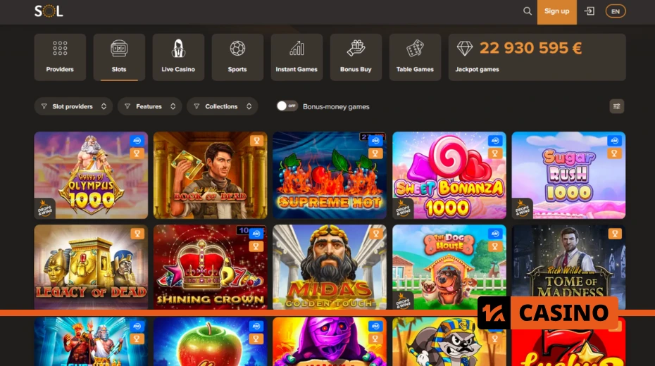 Sol Casino slots selection with popular games and high RTP providers