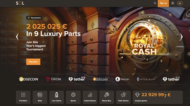 Sol Casino official website interface with slot games and bonus offers