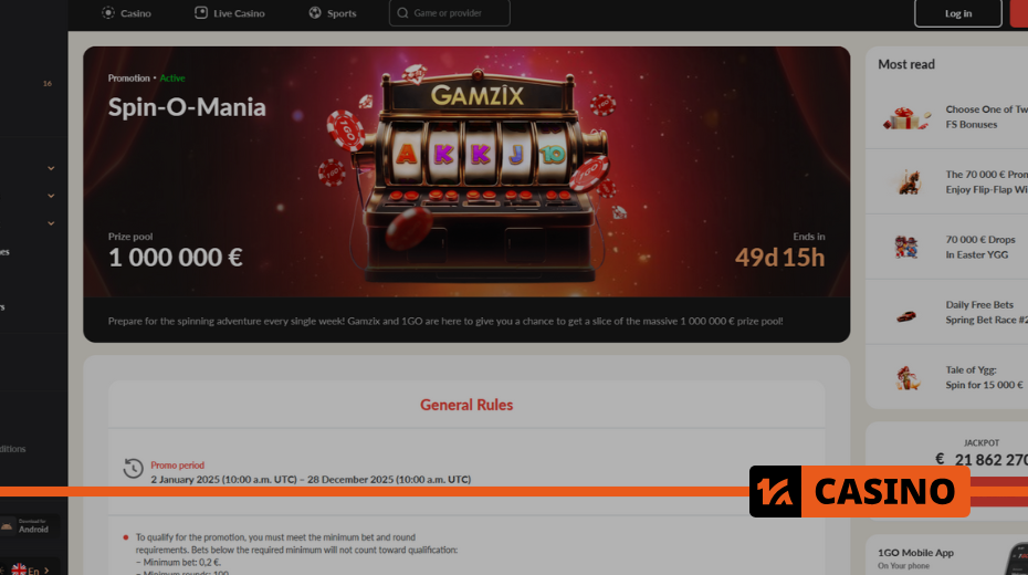 Spin-O-Mania at 1Go casino prize table and tournament stages