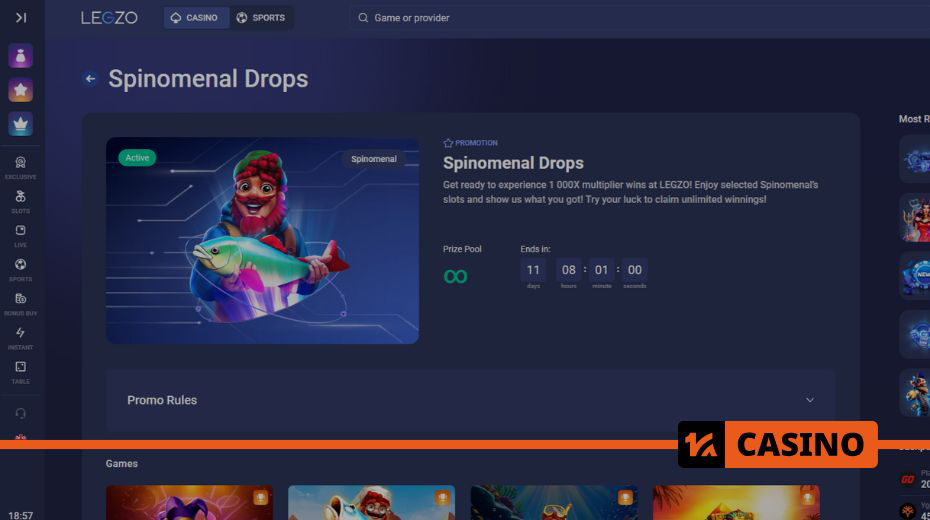 Slot games eligible for Spinomenal Drops at Legzo casino