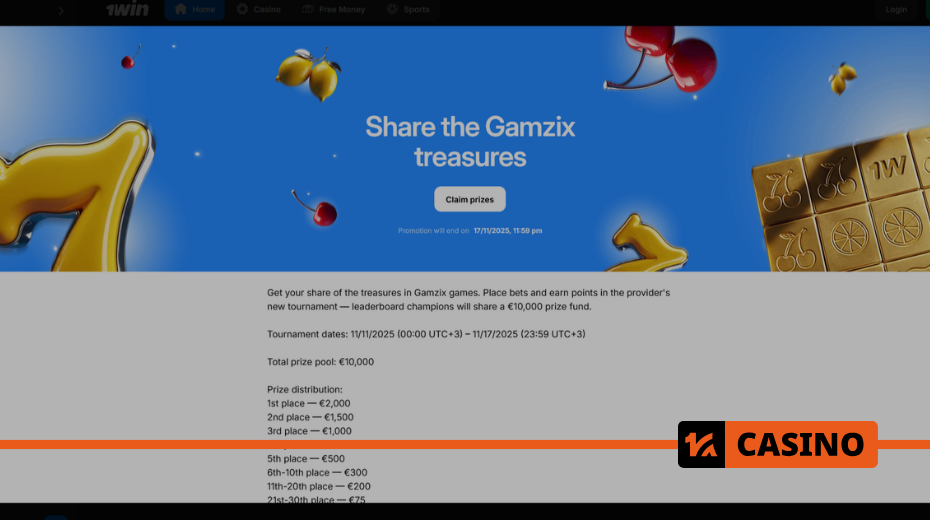 Prize distribution table of the Split the Treasures Gamzix in 1win promotion