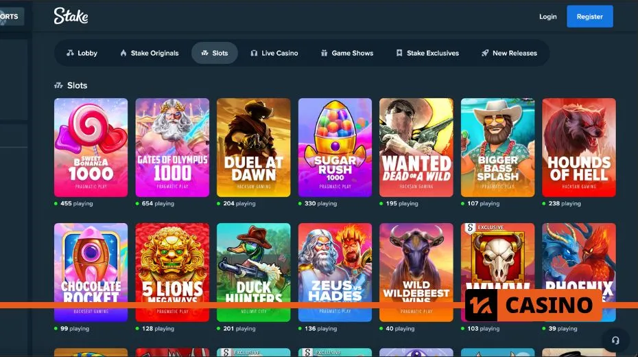 Stake casino slots selection with classic reels, video slots, and progressive jackpots
