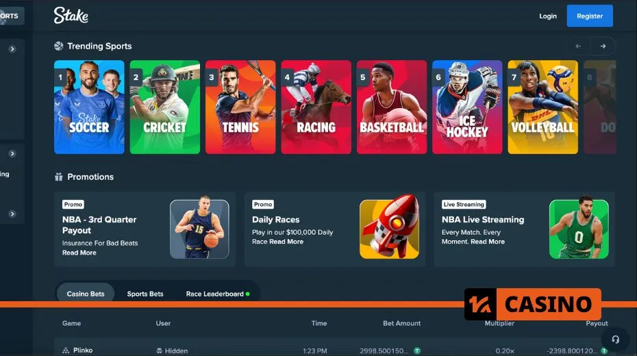 Stake official website featuring account login, registration, and exclusive promotions