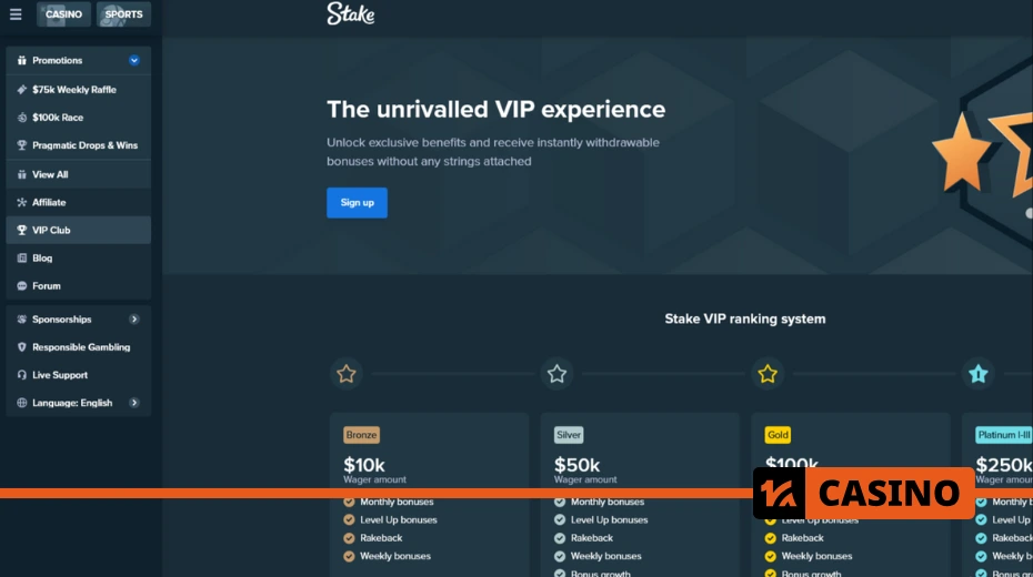 Stake promo code gives access to the VIP Club where players get a personal manager, boosts, and exclusive payouts