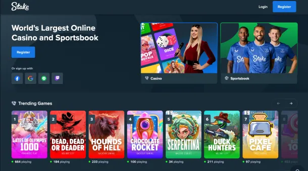 Stake website with a variety of casino games, sports betting, and cryptocurrency payments