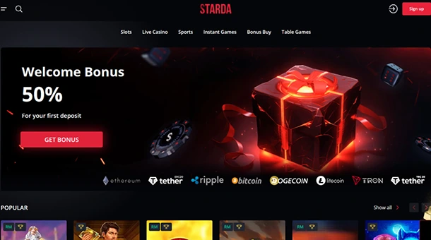 Starda casino homepage – The main screen of Starda casino, featuring popular slots, live casino games, and bonus offers