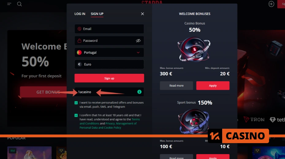 Starda casino promo code during registration: the registration process at Starda casino with a bonus promo code