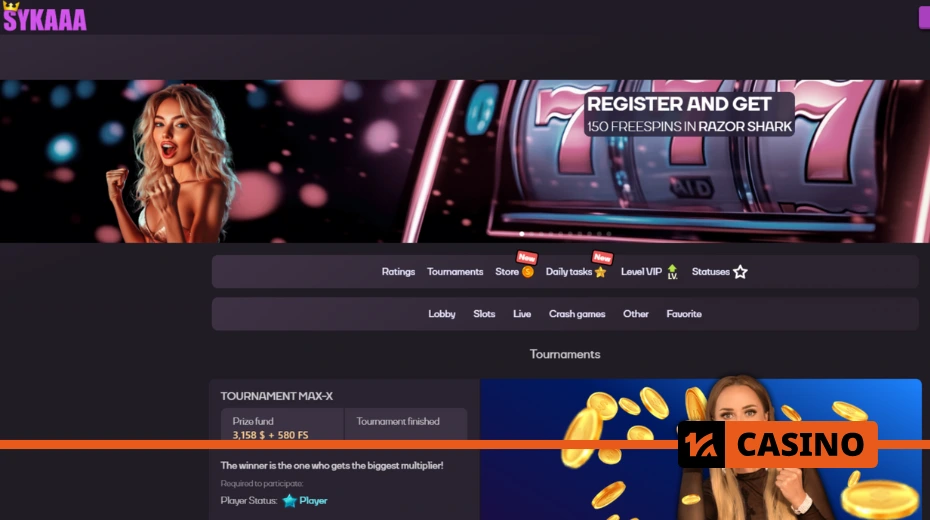 Main sections and interface of the Sykaaa casino homepage with quick access to games and promotions