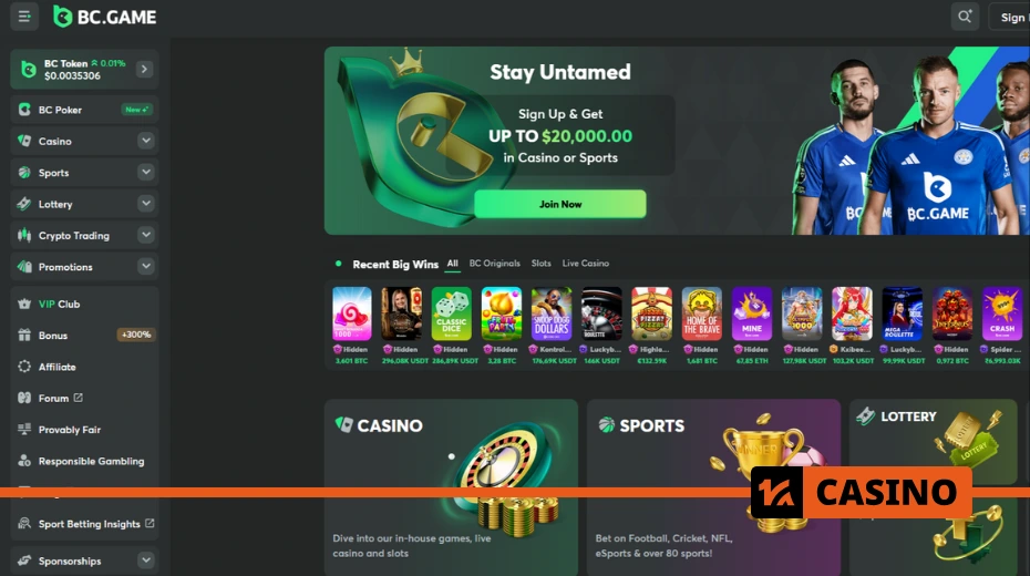 The BC Game homepage displays game categories, recent winnings, and current bonuses