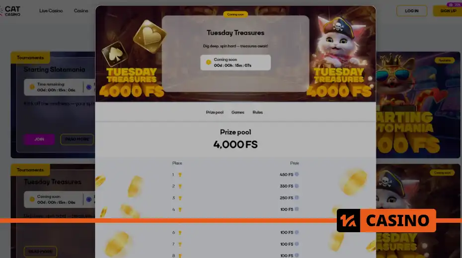 Таблица и условия турнира Tuesday Treasures в Cat Casino по вторникам