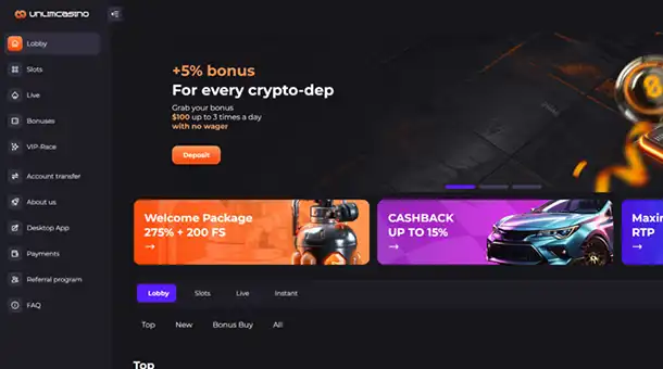 Official Unlim casino site with games, bonuses, and quick access to all sections