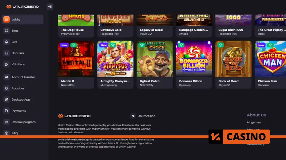 Unlim casino homepage with login buttons, registration, and promotional banners