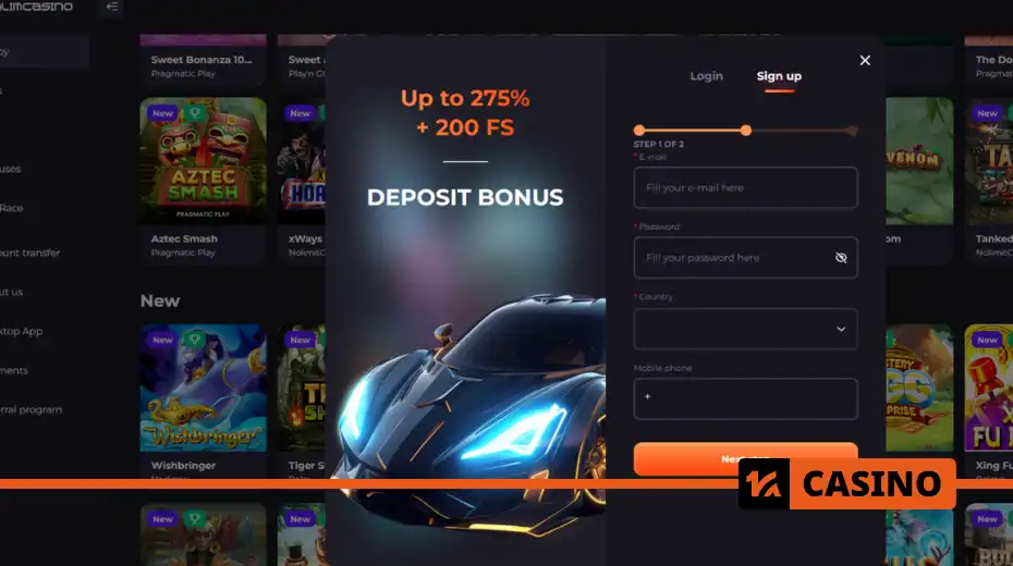 Registration form at Unlim casino with input fields, promo code, and age confirmation