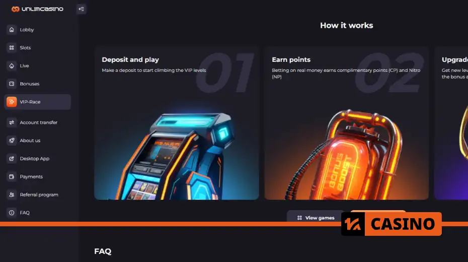 Unlim casino VIP club with loyalty levels, boosters, and exclusive gifts