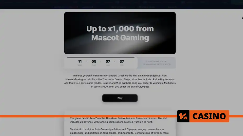 Up to x1000 from Mascot Gaming in 1win promotion – table with parameters of bonus functions