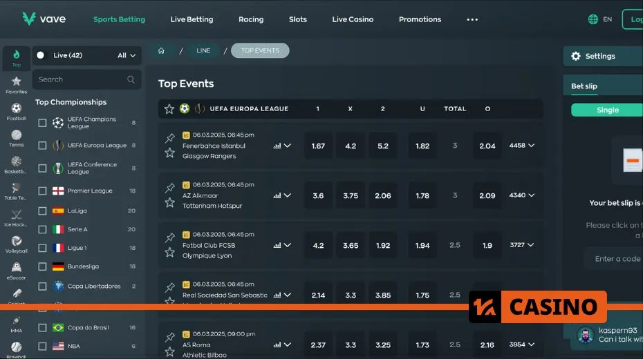 Vave betting section with sports markets, live odds, and multiple wagering options