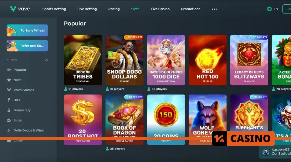 Vave slots collection with classic, video, and jackpot games from top providers
