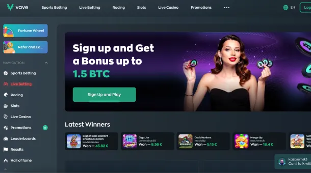 Vave website with casino games, sports betting, and cryptocurrency payment options