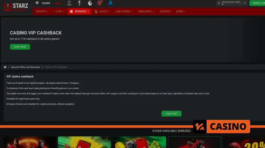 VIP cashback at 888starz casino bonus offering up to 11% with daily payouts at higher levels