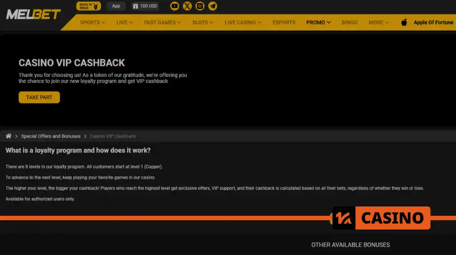 VIP cashback at Melbet casino – refund amount depends on player status