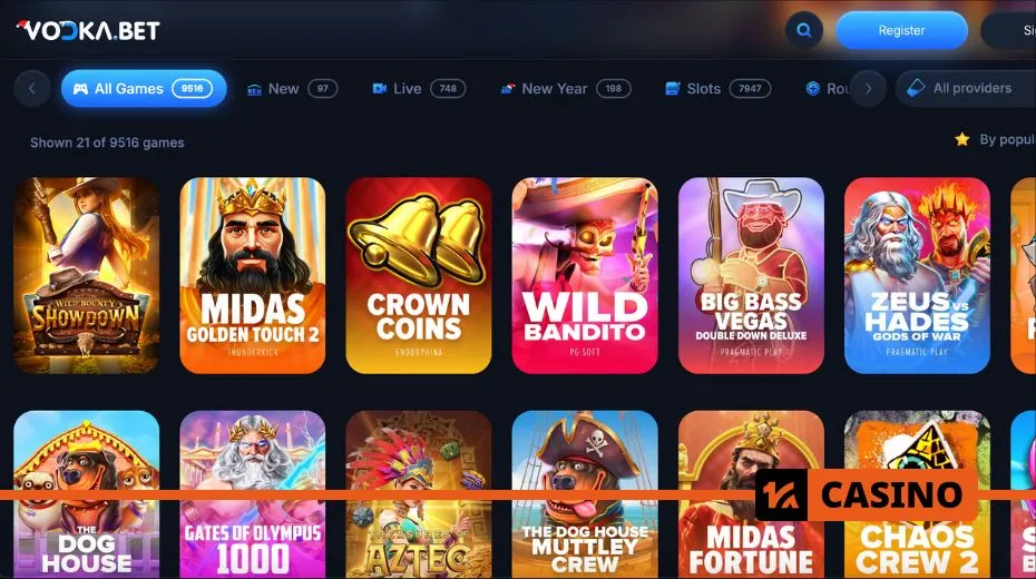 Vodka Casino slots collection including classic reels, video slots, and progressive jackpots