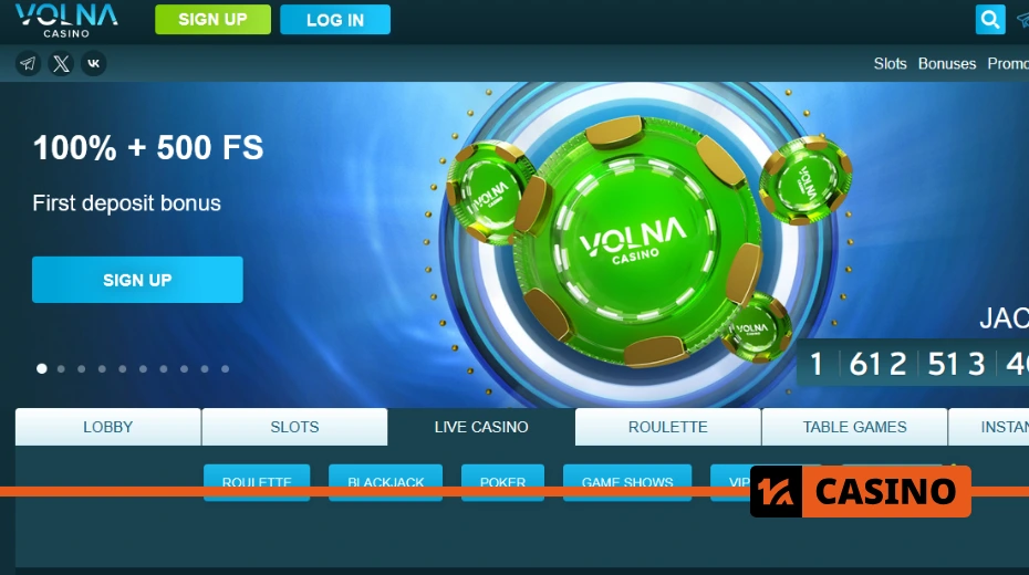 Interface and functionality of Volna casino – sleek design, mobile adaptation, and section navigation