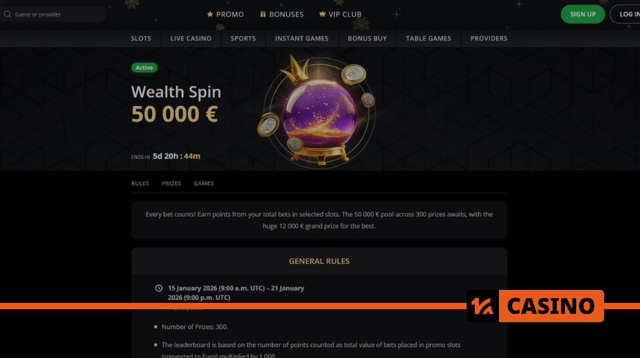 Wealth Spin promotion at Lex casino with a €50,000 prize pool