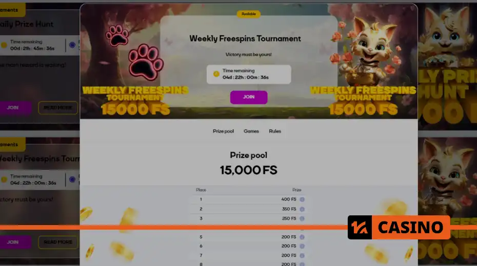 Weekly Freespins Tournament at Cat Casino prize pool of 15,000 FS is shared among 200 players based on their activity